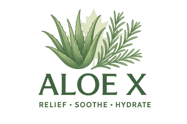 aLOE X LOGO featuring images of rosemary and aloe vera.   add the 3 varieties relief, soothe and hydrate.   Put a Canadian maple leaf in the background